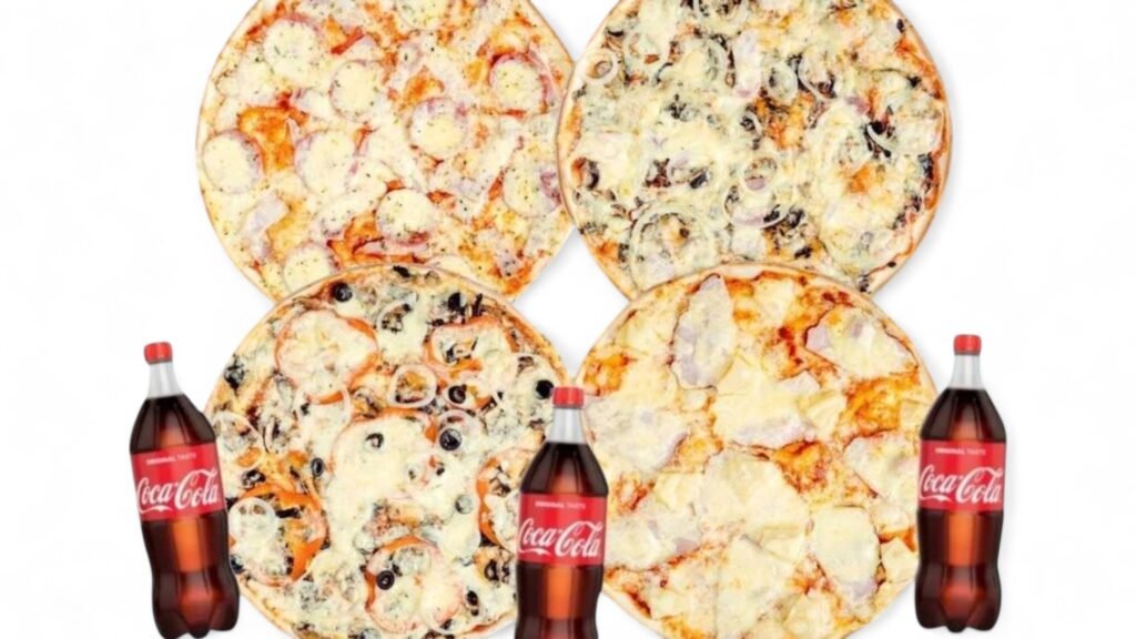 Četras 40cm picas un trīs Coca cola 1l picu komplekts