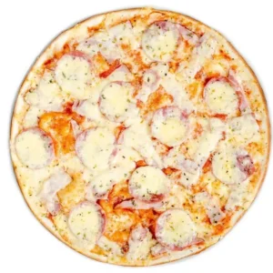 Āzīša pica ar tomātu mērci, sieru, šķiņķi, salami, bekonu un oregano.